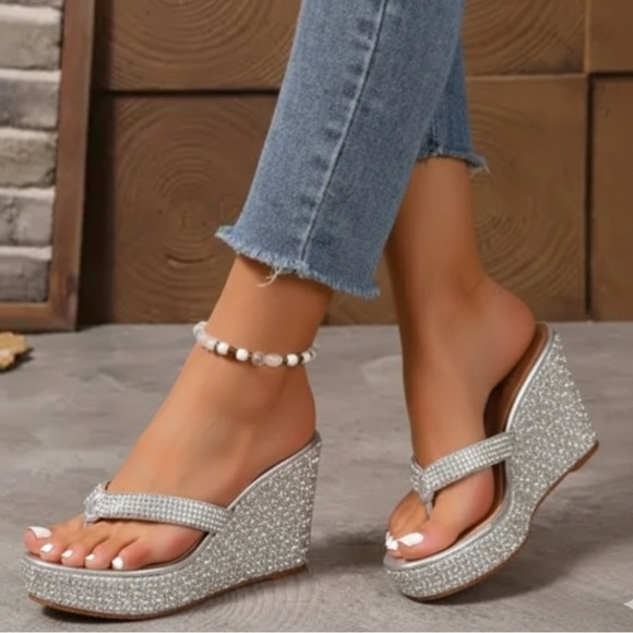 Paloma Barcelo Shoes - Paloma Barcelo Silver Rhinestone Thong Wedge Platform Sandals Euro 38 US Size 8